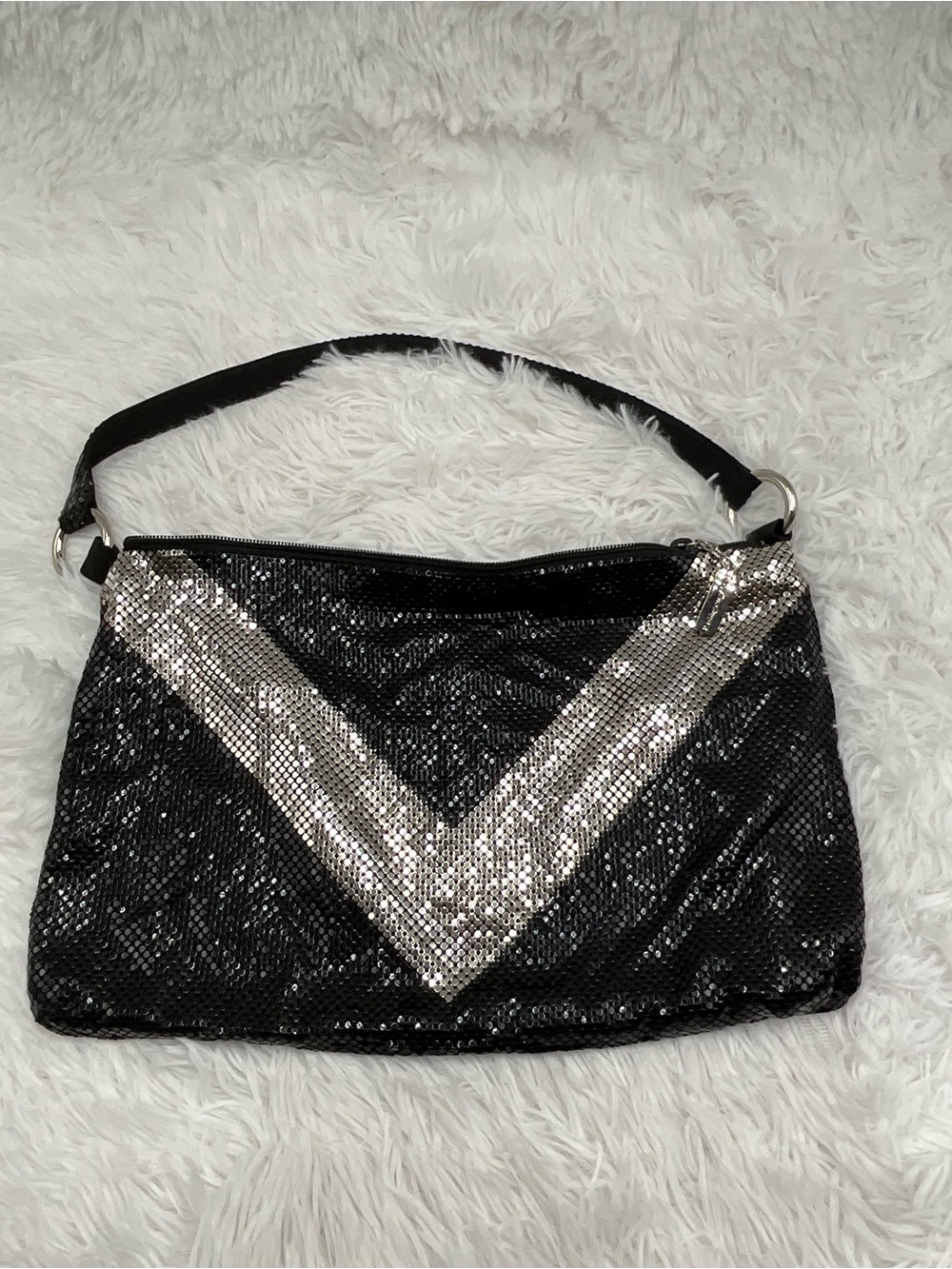 Whiting & Davis Evening Purse Black & Silver Metal Mesh Hobo Bag NWT